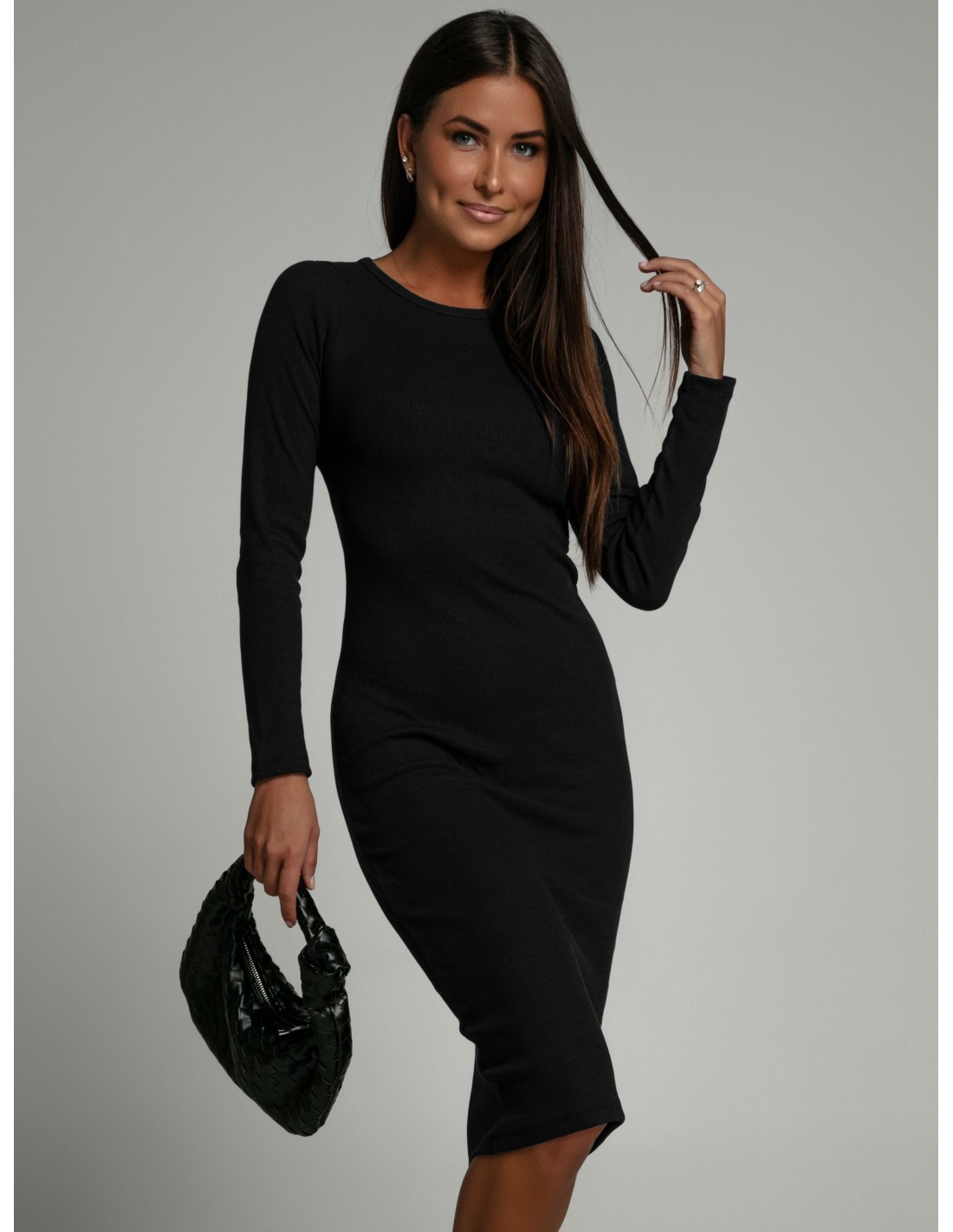 Basic striped dress with long sleeves, black FG548 - Online store - Boutique